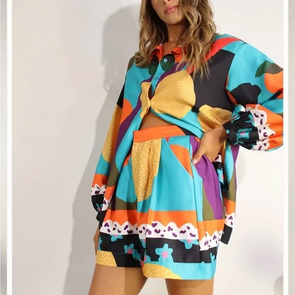 Mulla Multicolor short set Coral & Black Accent oversized small - Picture 6 of 9